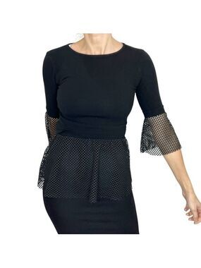 Toy G Italy black knit mesh peplum fitted 3/4 length sleeve top M